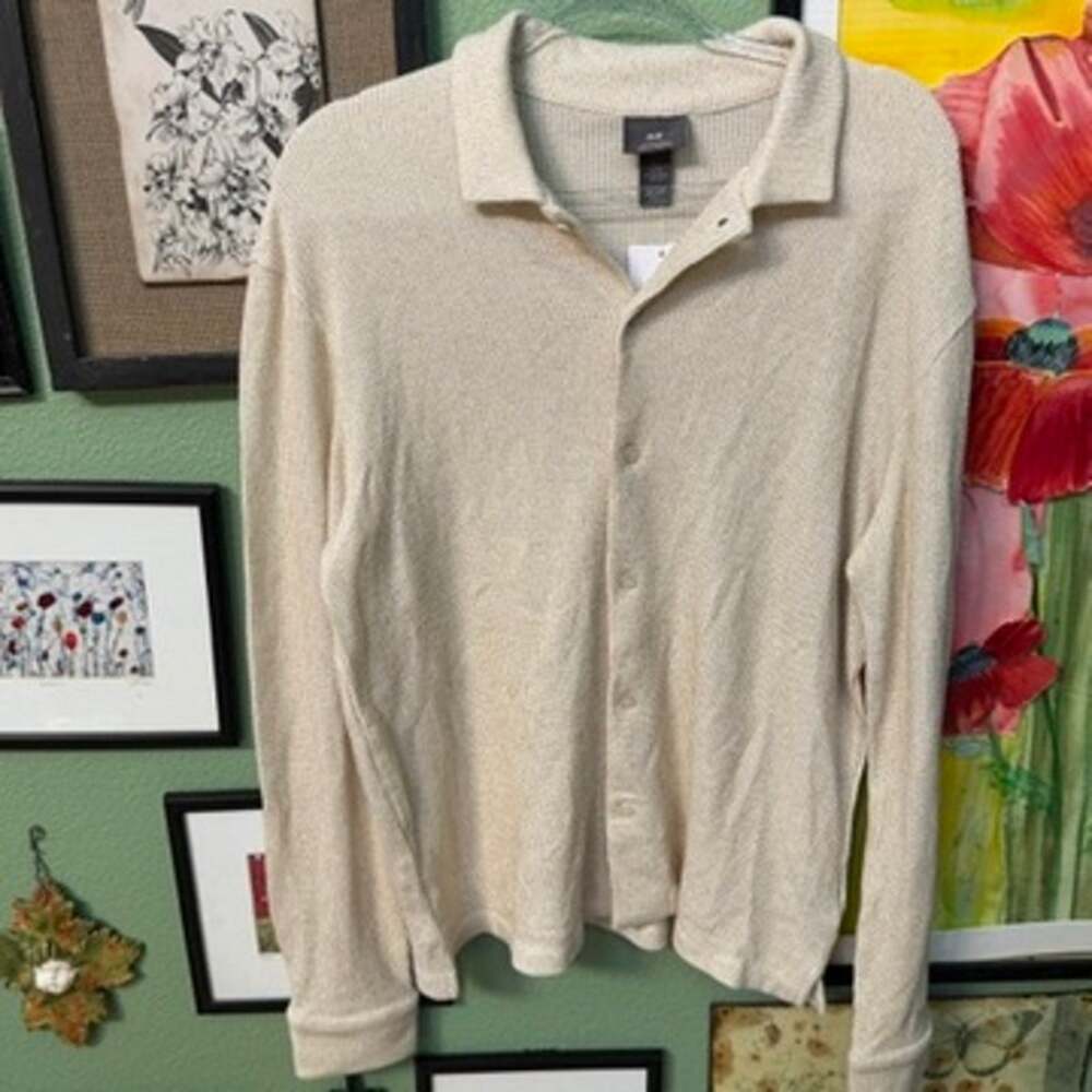 H&M Shirt Top Womens Sz M Cream Gold Shimmer Waffle Knit Long Sleeve Button Up